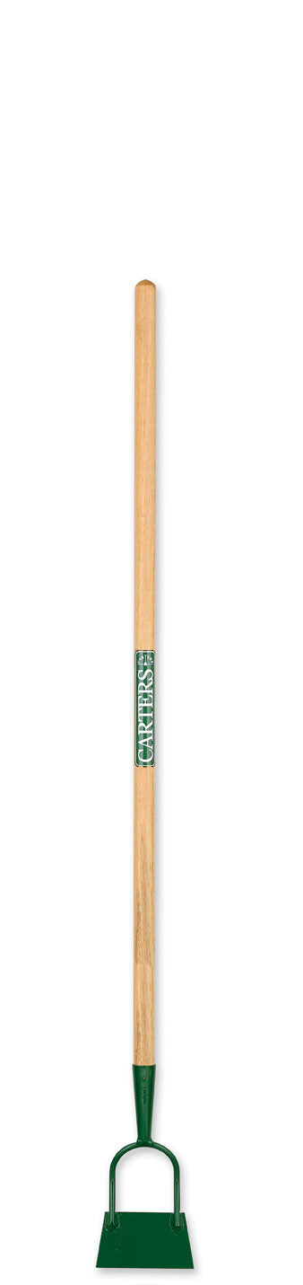 Garden hoe with wooden handle and green head on a white background